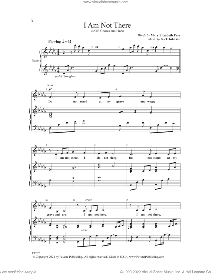 I Am Not There sheet music for choir (SATB: soprano, alto, tenor, bass) by Nick Johnson and Mary Elizabeth Frye, intermediate skill level