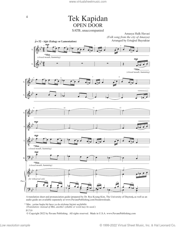 Tek Kapidan (Only Door) (arr. Ertugrul Bayraktar) sheet music for choir (SATB: soprano, alto, tenor, bass) by Turkish Folksong and Ertugrul Bayraktar, intermediate skill level