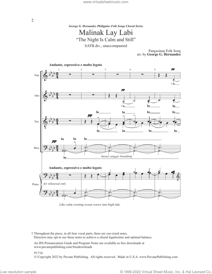 Malinak Lay Labi (The Night Is Calm And Still) (arr. George G. Hernandez) sheet music for choir (SATB Divisi) by Pangasinan Folk Song and George G. Hernandez, intermediate skill level