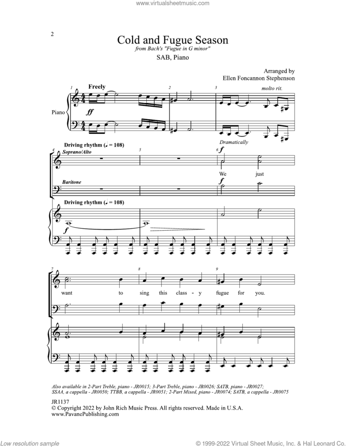 Cold and Fugue Season (arr. Ellen Foncannon) sheet music for choir (SAB: soprano, alto, bass) by Johann Sebastian Bach and Ellen Foncannon, intermediate skill level