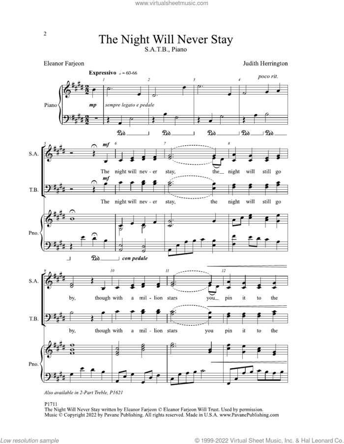 The Night Will Never Stay sheet music for choir (SATB: soprano, alto, tenor, bass) by Judith Herrington and Eleanor Farjeon, intermediate skill level