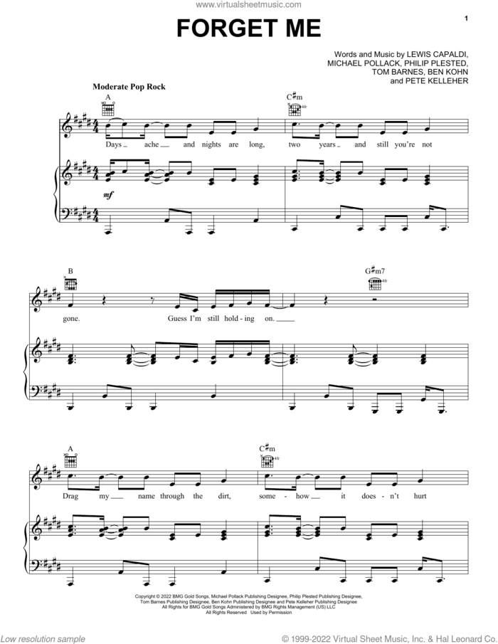 Forget Me sheet music for voice, piano or guitar by Lewis Capaldi, Ben Kohn, Michael Pollack, Pete Kelleher, Philip Plested and Tom Barnes, intermediate skill level