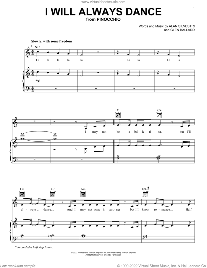 I Will Always Dance (from Pinocchio) (2022) sheet music for voice, piano or guitar by Alan Silvestri and Glen Ballard, Alan Silvestri and Glen Ballard, intermediate skill level