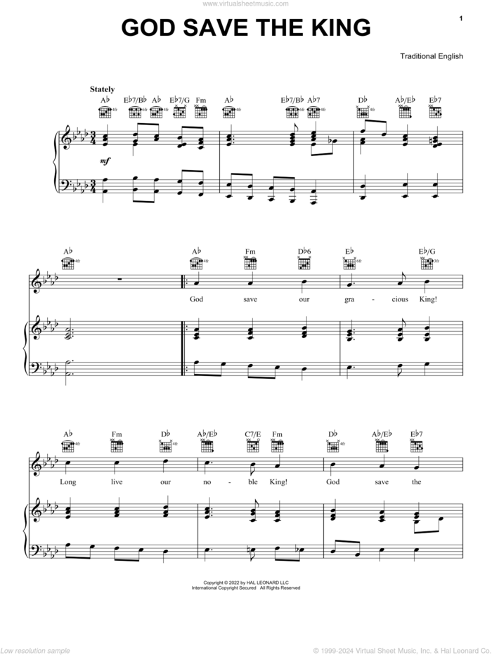 God Save The King (UK National Anthem) sheet music for voice, piano or guitar, intermediate skill level