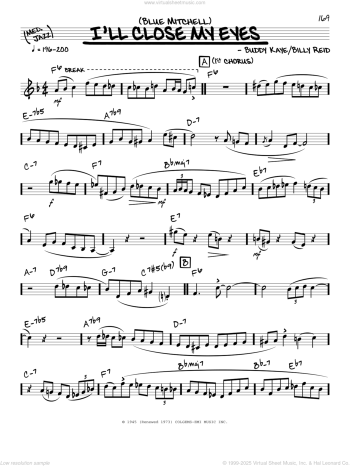 I'll Close My Eyes (solo only) sheet music for voice and other instruments (real book) by Blue Mitchell, Billy Reid and Buddy Kaye, intermediate skill level