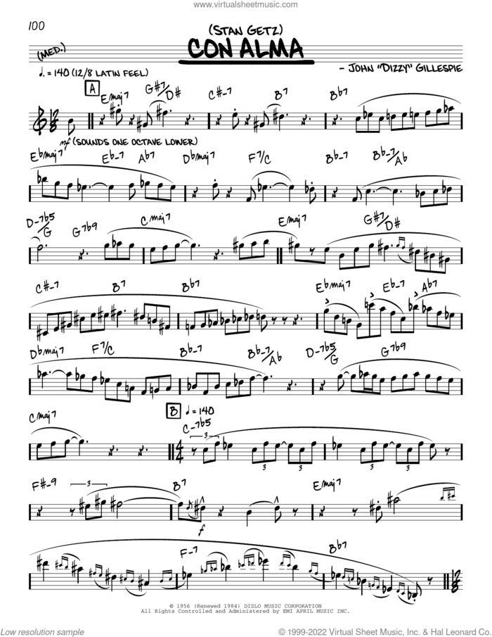 Con Alma (solo only) sheet music for voice and other instruments (real book) by Stan Getz and Dizzy Gillespie, intermediate skill level