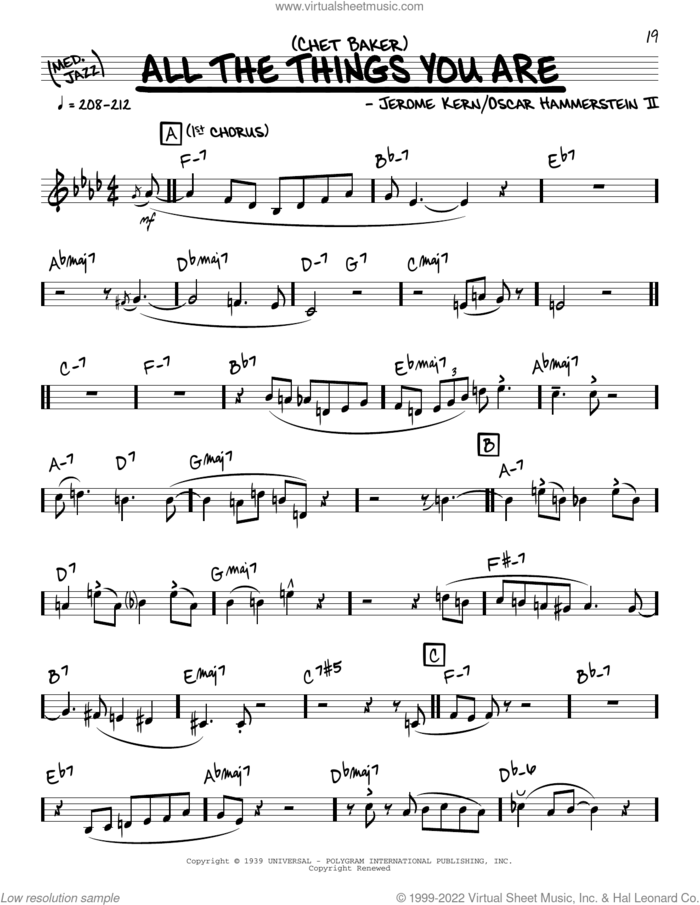 All The Things You Are (solo only) sheet music for voice and other instruments (real book) by Chet Baker, Jerome Kern and Oscar II Hammerstein, intermediate skill level