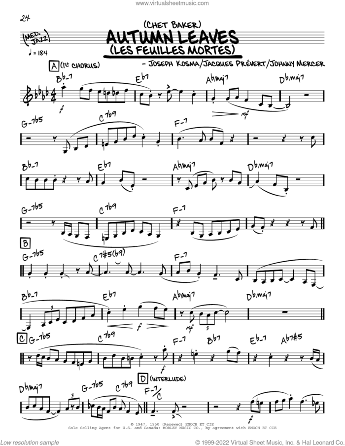Autumn Leaves (solo only) sheet music for voice and other instruments (real book) by Chet Baker, Jacques Prevert, Johnny Mercer and Joseph Kosma, intermediate skill level