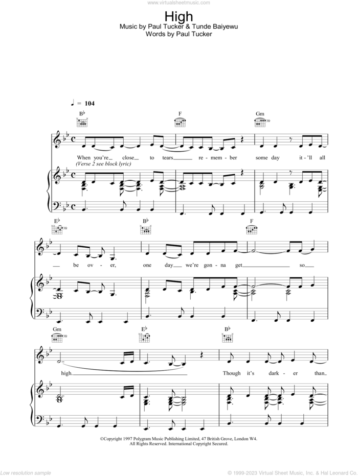 High sheet music for voice, piano or guitar by Lighthouse Family, intermediate skill level