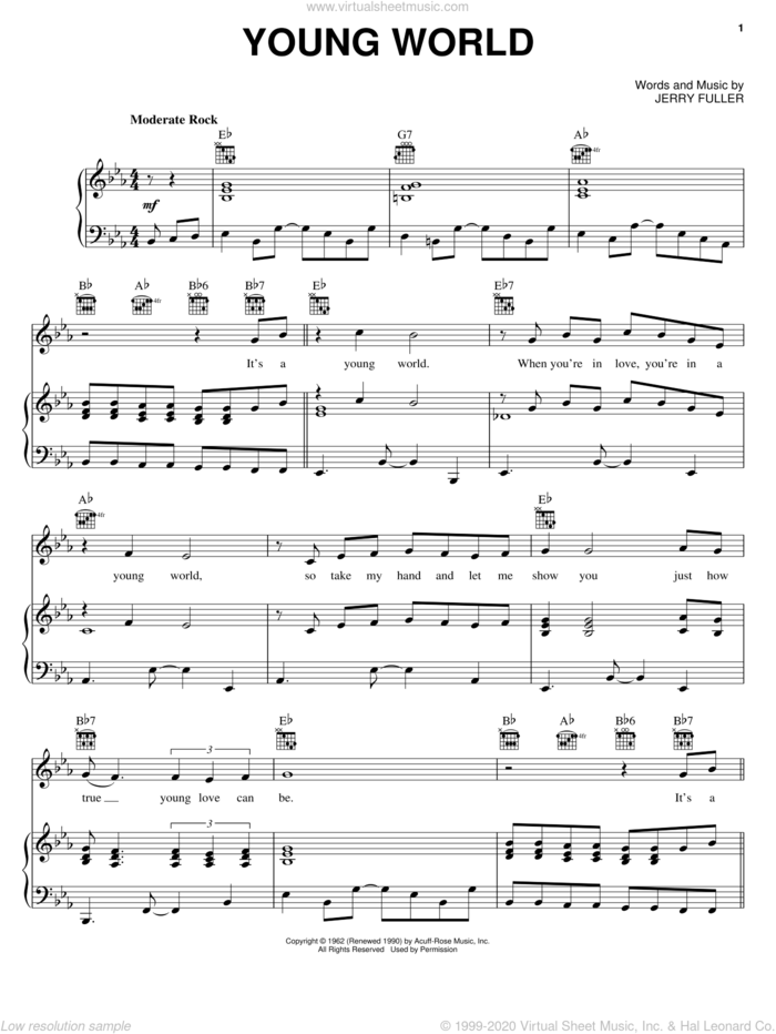 Young World sheet music for voice, piano or guitar by Ricky Nelson and Jerry Fuller, intermediate skill level