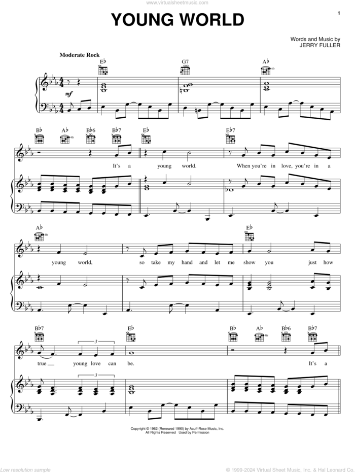 Young World sheet music for voice, piano or guitar by Ricky Nelson and Jerry Fuller, intermediate skill level