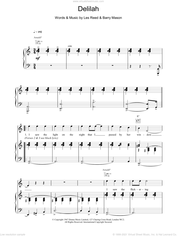 Delilah sheet music for voice, piano or guitar by Tom Jones, intermediate skill level