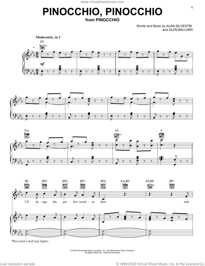 Pinocchio, Pinocchio (from Pinocchio) (2022) sheet music for voice, piano or guitar by Alan Silvestri and Glen Ballard, Alan Silvestri and Glen Ballard, intermediate skill level