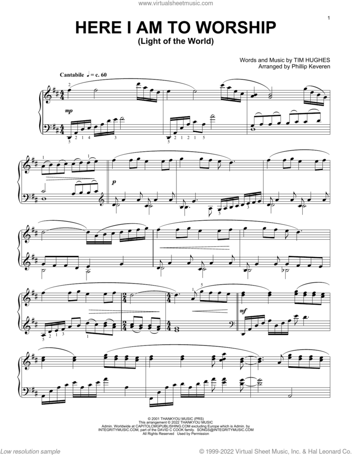 Here I Am To Worship (Light Of The World) [Classical version] (arr. Phillip Keveren) sheet music for piano solo by Tim Hughes, Phillip Keveren and Phillips, Craig & Dean, intermediate skill level
