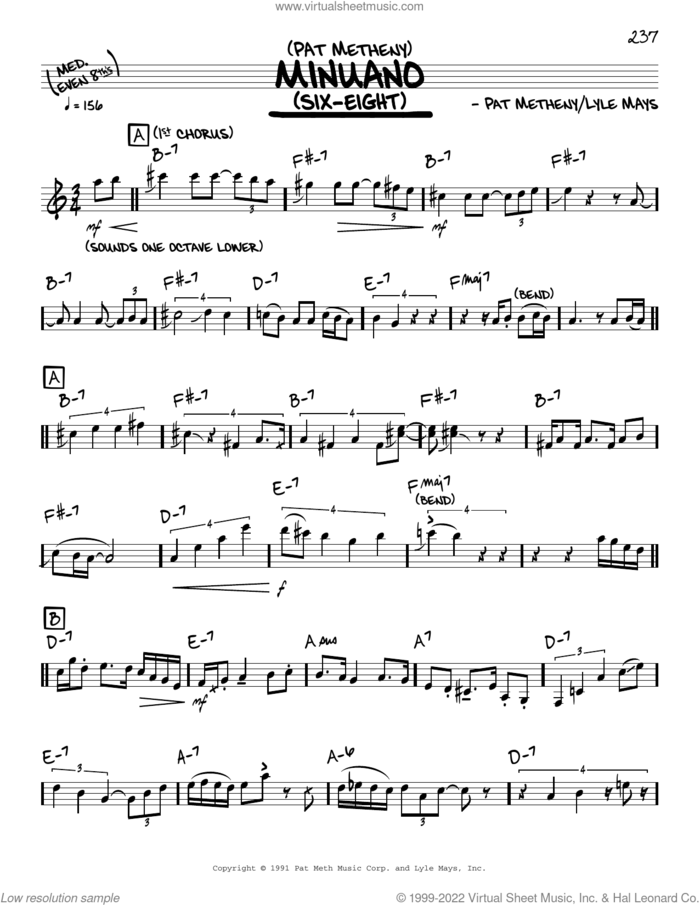 Minuano (Six-Eight) (solo only) sheet music for voice and other instruments (real book) by Pat Metheny and Lyle Mays, intermediate skill level