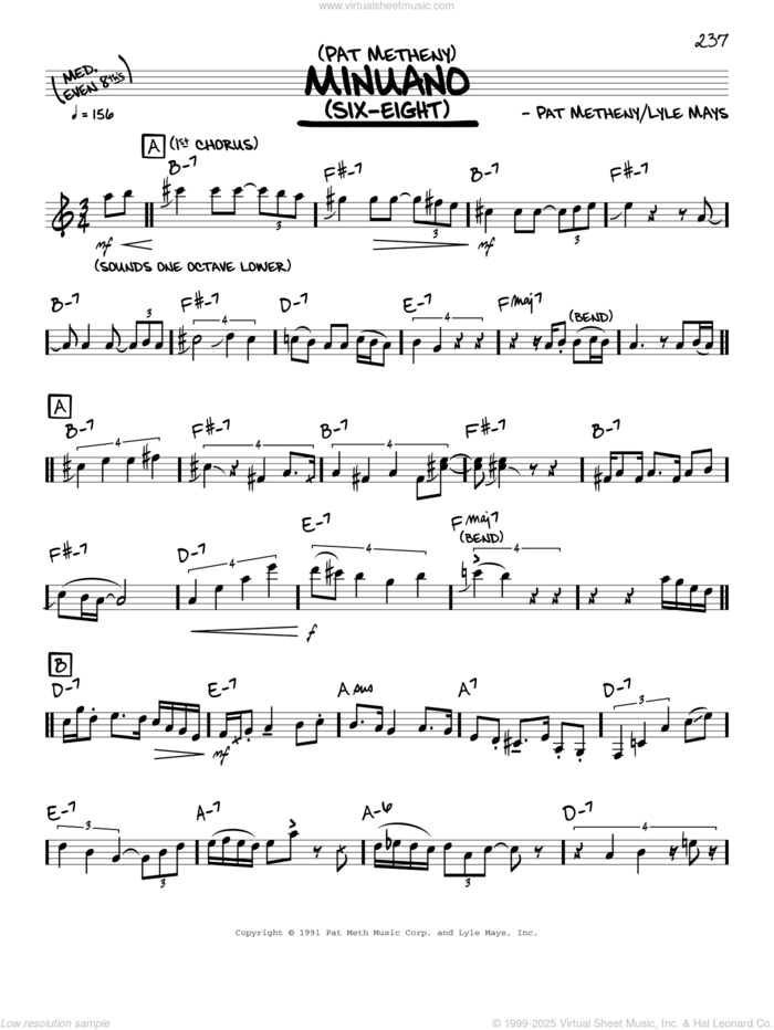 Minuano (Six-Eight) (solo only) sheet music for voice and other instruments (real book) by Pat Metheny and Lyle Mays, intermediate skill level