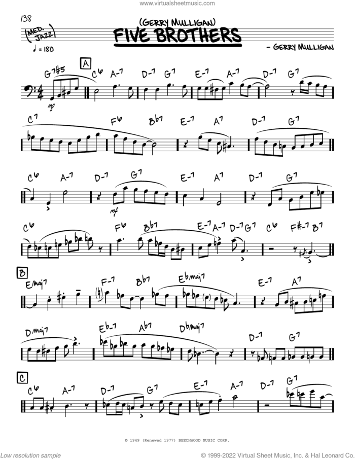 Five Brothers (solo only) sheet music for voice and other instruments (real book) by Gerry Mulligan, intermediate skill level