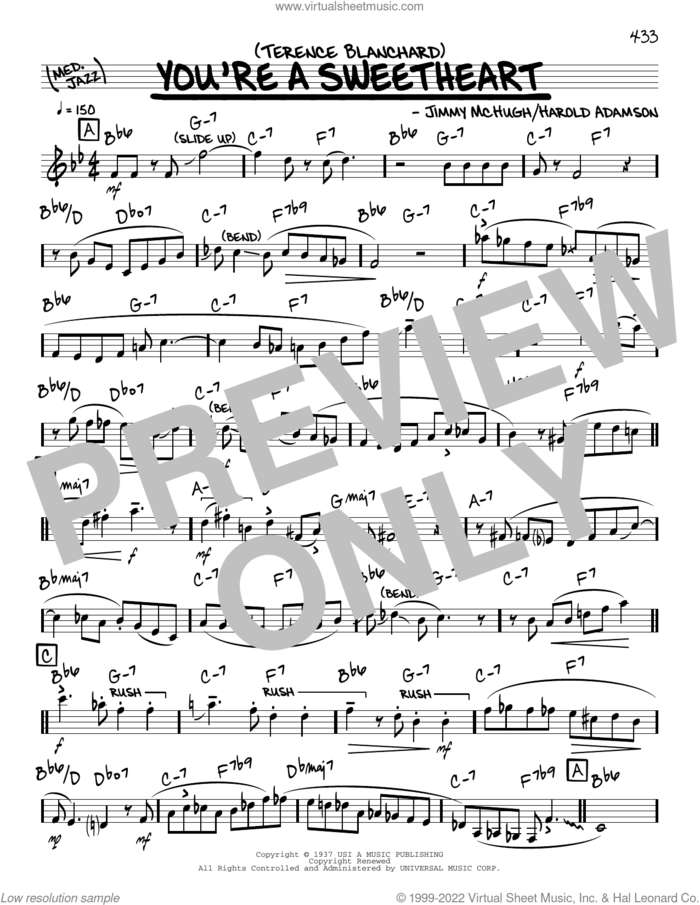 You're A Sweetheart (solo only) sheet music for voice and other instruments (real book) by Terence Blanchard, Harold Adamson and Jimmy McHugh, intermediate skill level