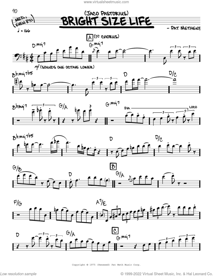 Bright Size Life (solo only) sheet music for voice and other instruments (real book) by Jaco Pastorius and Pat Metheny, intermediate skill level