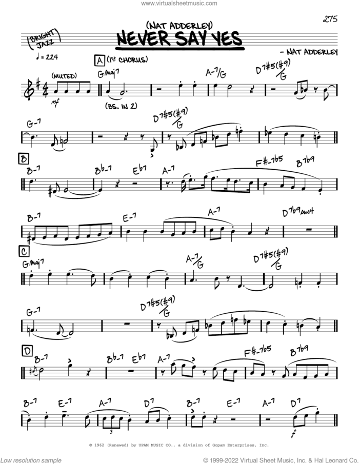 Never Say Yes (solo only) sheet music for voice and other instruments (real book) by Nat Adderley, intermediate skill level