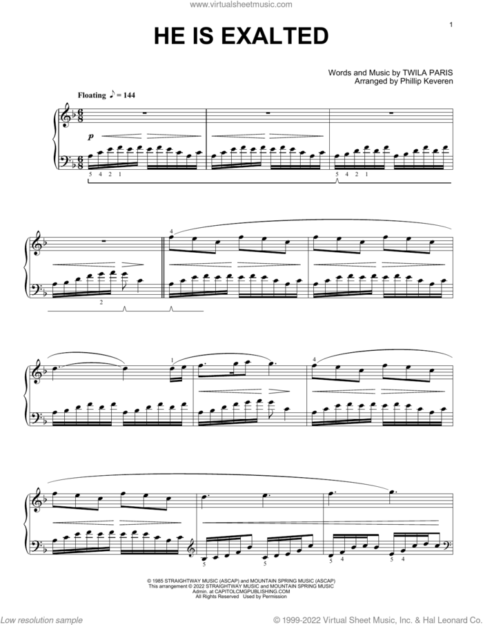 He Is Exalted [Classical version] (arr. Phillip Keveren) sheet music for piano solo by Twila Paris and Phillip Keveren, intermediate skill level