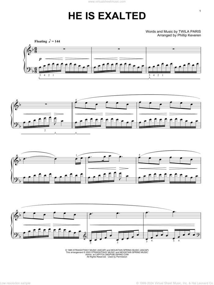 He Is Exalted [Classical version] (arr. Phillip Keveren) sheet music for piano solo by Twila Paris and Phillip Keveren, intermediate skill level