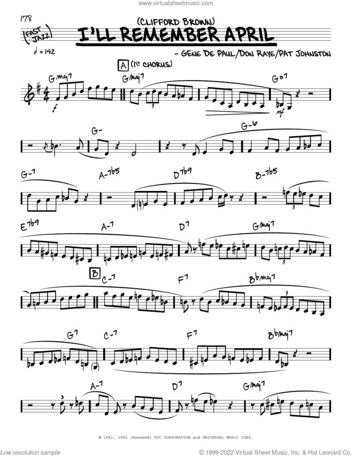 I'll Remember April (solo only) sheet music for voice and other instruments (real book) by Clifford Brown, Don Raye, Gene DePaul and Pat Johnston, intermediate skill level