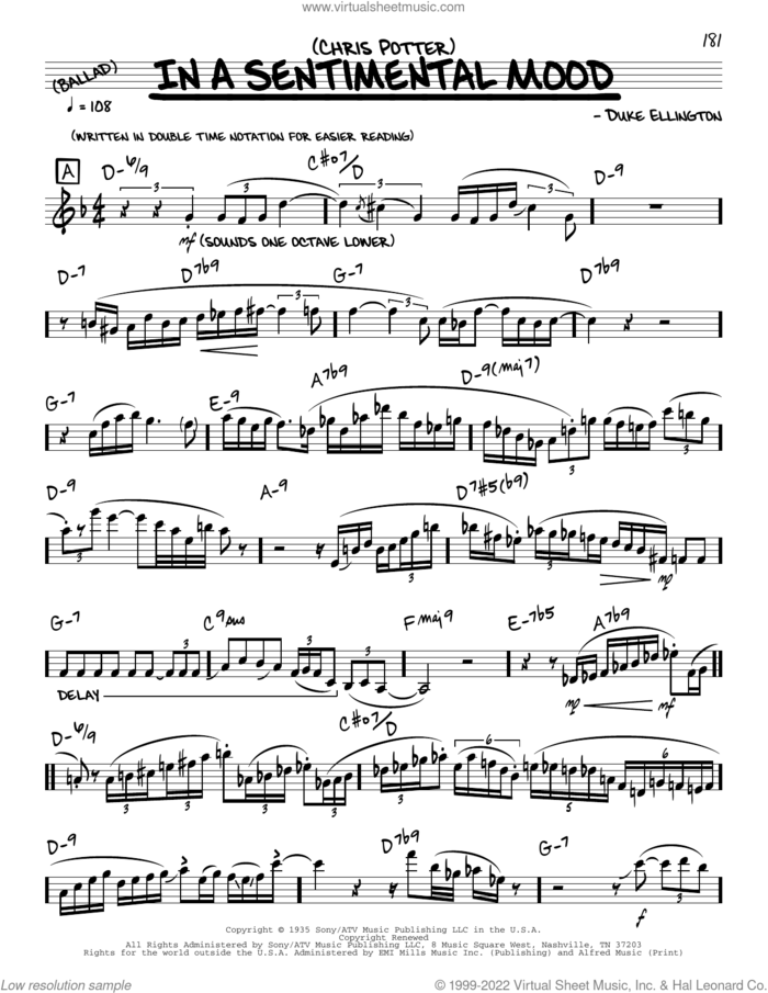 In A Sentimental Mood (solo only) sheet music for voice and other instruments (real book) by Chris Potter, Duke Ellington, Irving Mills and Manny Kurtz, intermediate skill level