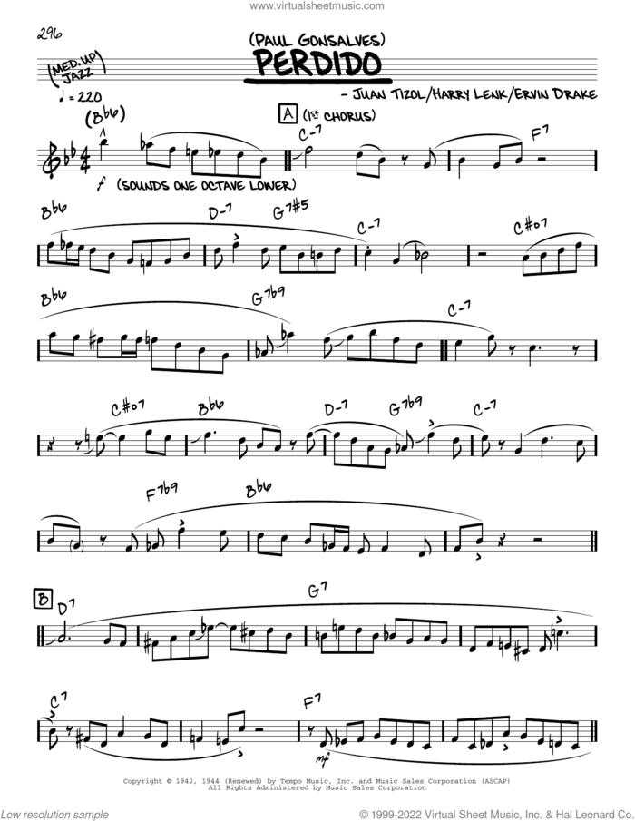 Perdido (solo only) sheet music for voice and other instruments (real book) by Paul Gonsalves, Ervin Drake, Harry Lenk and Juan Tizol, intermediate skill level