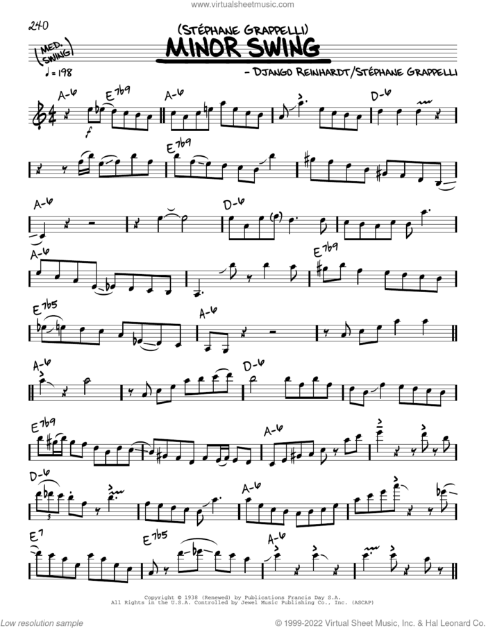 Minor Swing (solo only) sheet music for voice and other instruments (real book) by Stephane Grappelli and Django Reinhardt, intermediate skill level