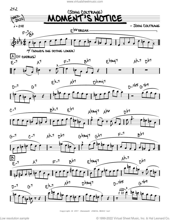 Moment's Notice (solo only) sheet music for voice and other instruments (real book) by John Coltrane, intermediate skill level