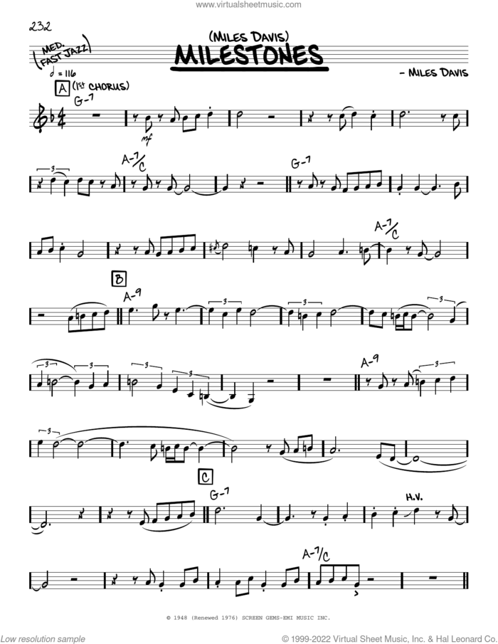 Milestones (solo only) sheet music for voice and other instruments (real book) by Miles Davis, intermediate skill level