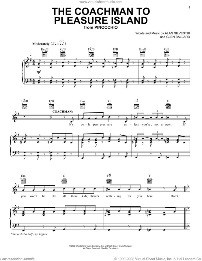 The Coachman To Pleasure Island (from Pinocchio) (2022) sheet music for voice, piano or guitar by Alan Silvestri and Glen Ballard, Alan Silvestri and Glen Ballard, intermediate skill level