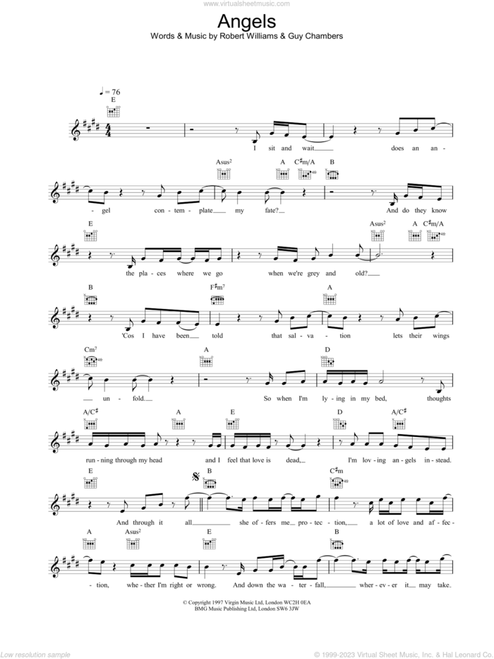 Angels sheet music for voice and other instruments (fake book) by Robbie Williams, intermediate skill level