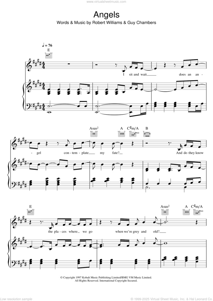 Angels sheet music for voice, piano or guitar by Robbie Williams and Guy Chambers, intermediate skill level