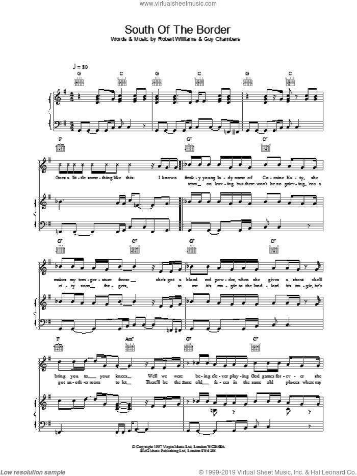 South Of The Border sheet music for voice, piano or guitar by Robbie Williams, intermediate skill level