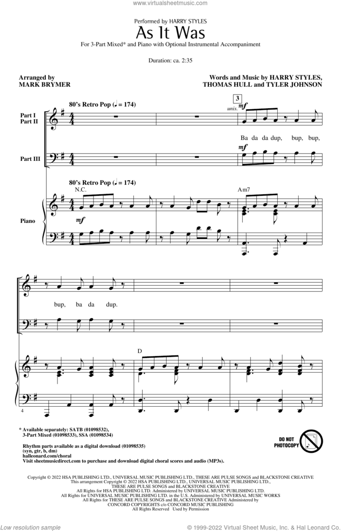 As It Was (arr. Mark Brymer) sheet music for choir (3-Part Mixed) by Harry Styles, Mark Brymer, Tom Hull and Tyler Johnson, intermediate skill level