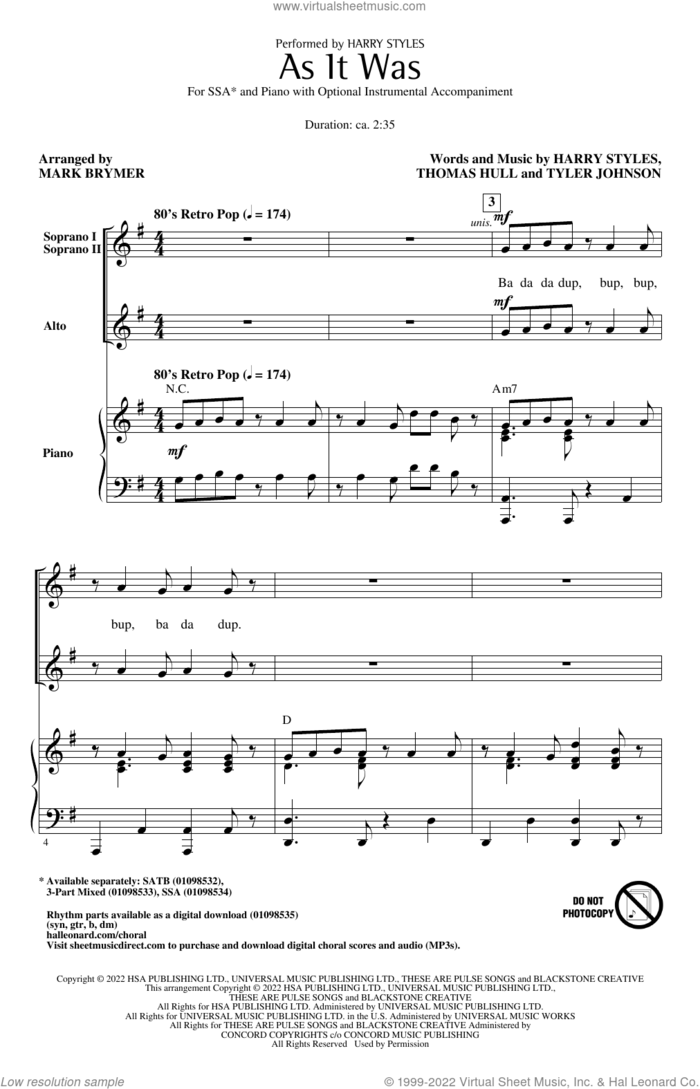 As It Was (arr. Mark Brymer) sheet music for choir (SSA: soprano, alto) by Harry Styles, Mark Brymer, Tom Hull and Tyler Johnson, intermediate skill level