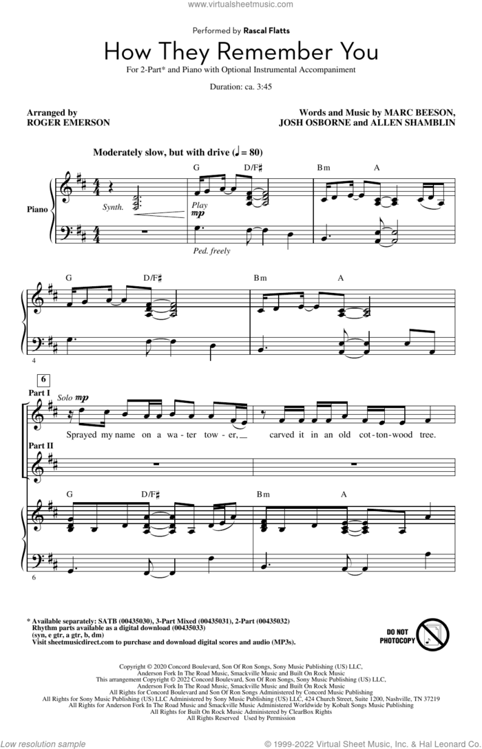 How They Remember You (arr. Roger Emerson) sheet music for choir (2-Part) by Rascal Flatts, Roger Emerson, Allen Shamblin, Josh Osborne and Marc Beeson, intermediate duet