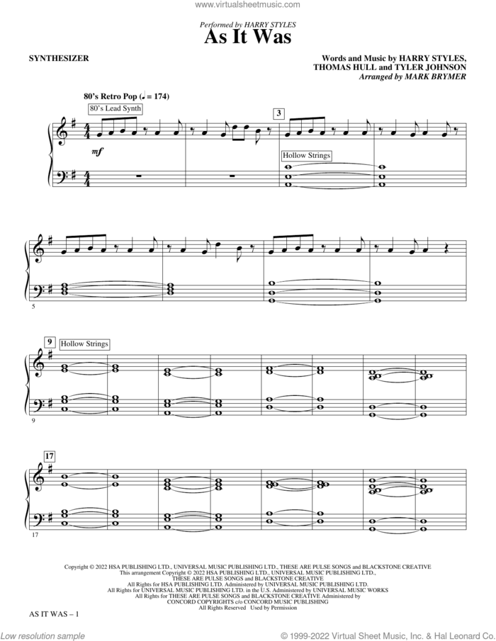 As It Was (arr. Mark Brymer) (complete set of parts) sheet music for orchestra/band (Rhythm) by Mark Brymer, Harry Styles, Tom Hull and Tyler Johnson, intermediate skill level