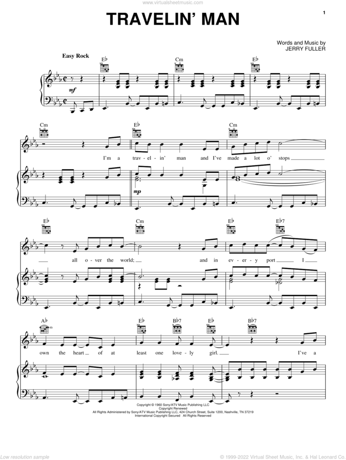 Travelin' Man sheet music for voice, piano or guitar by Ricky Nelson and Jerry Fuller, intermediate skill level