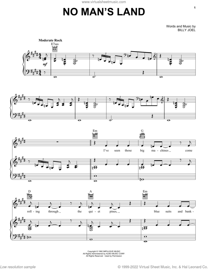 No Man's Land sheet music for voice, piano or guitar by Billy Joel and David Rosenthal, intermediate skill level