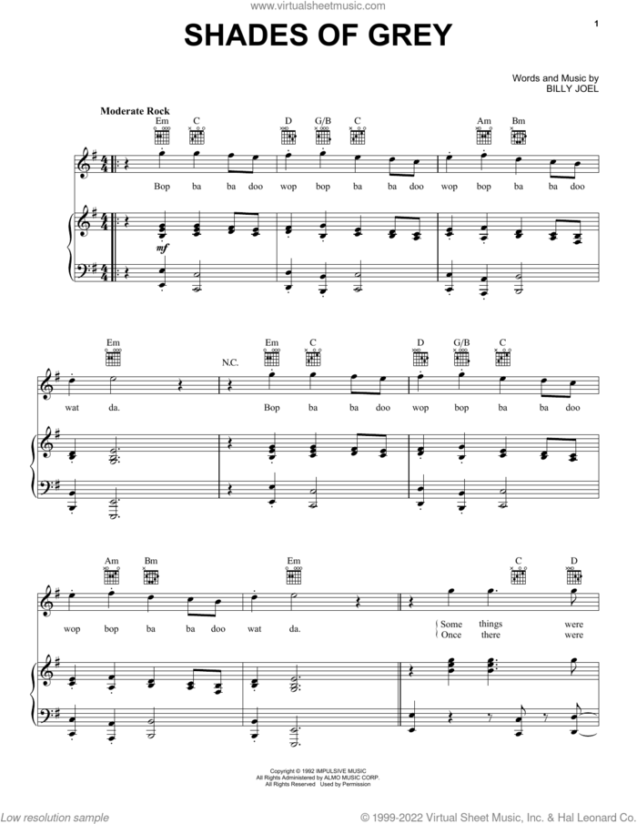 Shades Of Grey sheet music for voice, piano or guitar by Billy Joel and David Rosenthal, intermediate skill level
