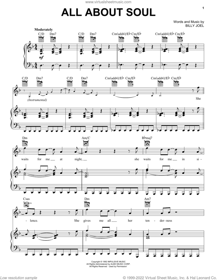 All About Soul sheet music for voice, piano or guitar by Billy Joel and David Rosenthal, intermediate skill level