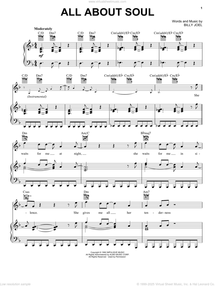 All About Soul sheet music for voice, piano or guitar by Billy Joel and David Rosenthal, intermediate skill level