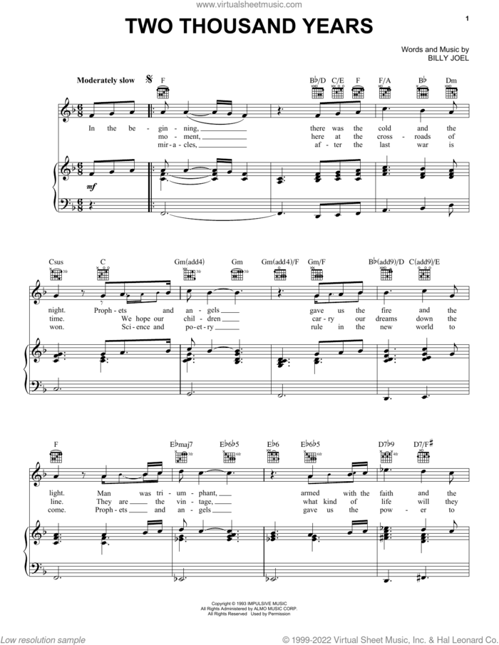 Two Thousand Years sheet music for voice, piano or guitar by Billy Joel and David Rosenthal, intermediate skill level