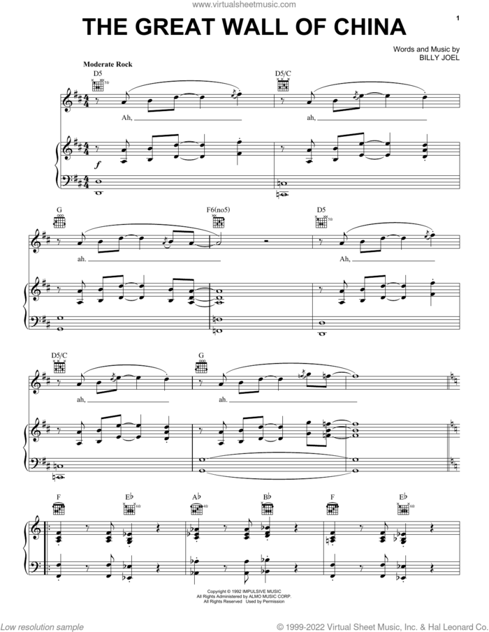 The Great Wall Of China sheet music for voice, piano or guitar by Billy Joel and David Rosenthal, intermediate skill level