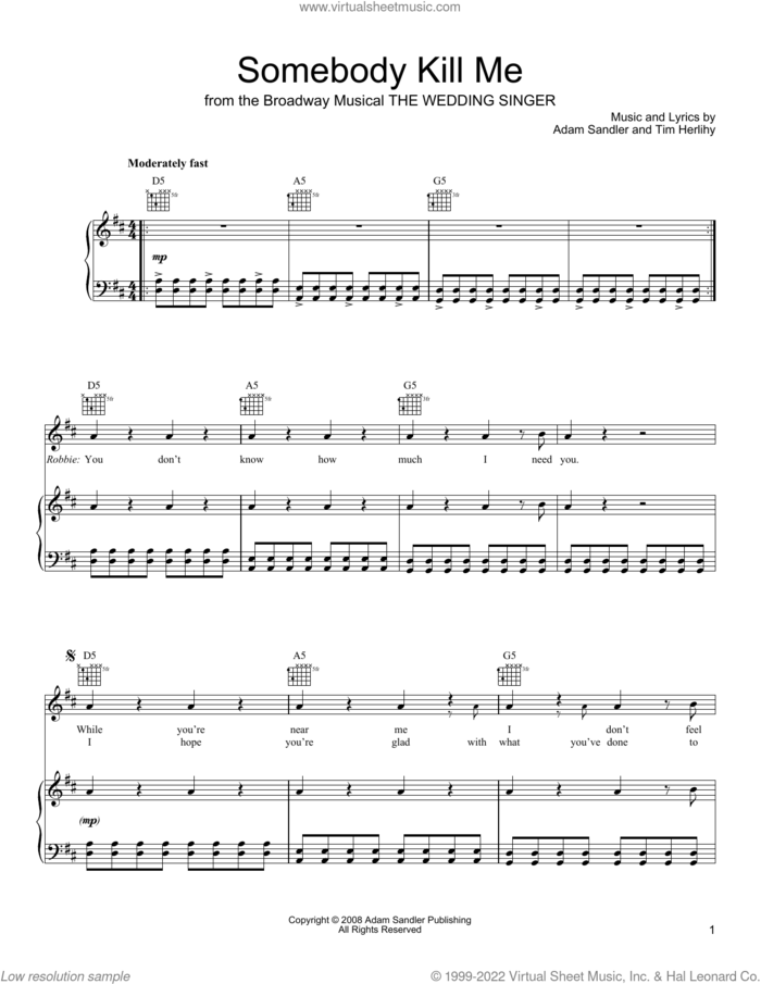 Somebody Kill Me (from The Wedding Singer) sheet music for voice, piano or guitar by Adam Sandler and Tim Herlihy, intermediate skill level