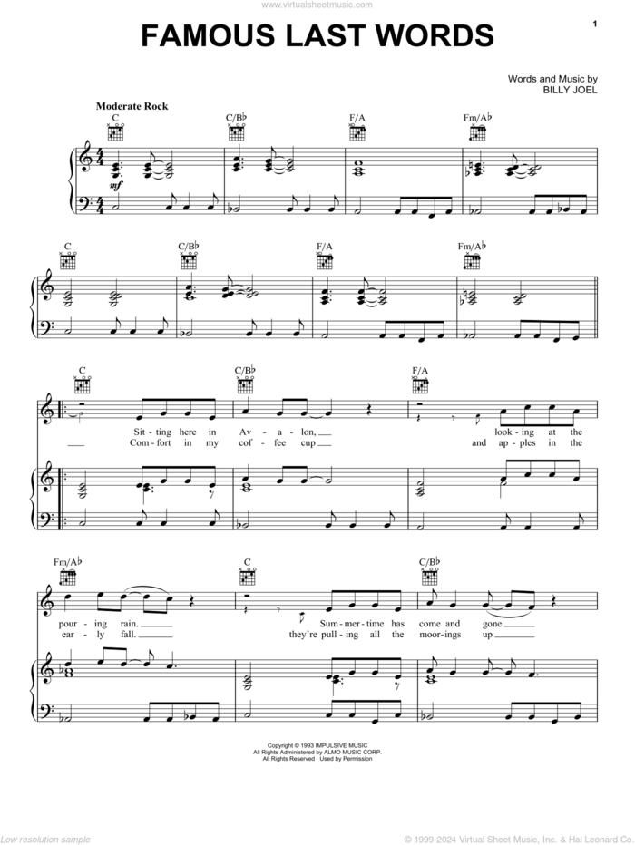 Famous Last Words sheet music for voice, piano or guitar by Billy Joel and David Rosenthal, intermediate skill level
