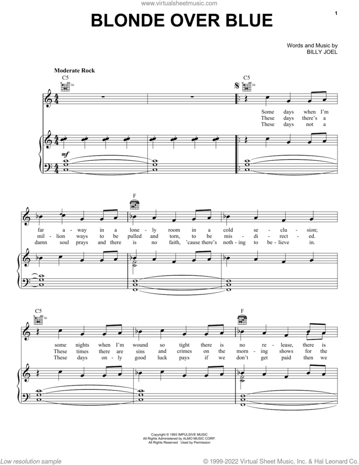 Blonde Over Blue sheet music for voice, piano or guitar by Billy Joel and David Rosenthal, intermediate skill level